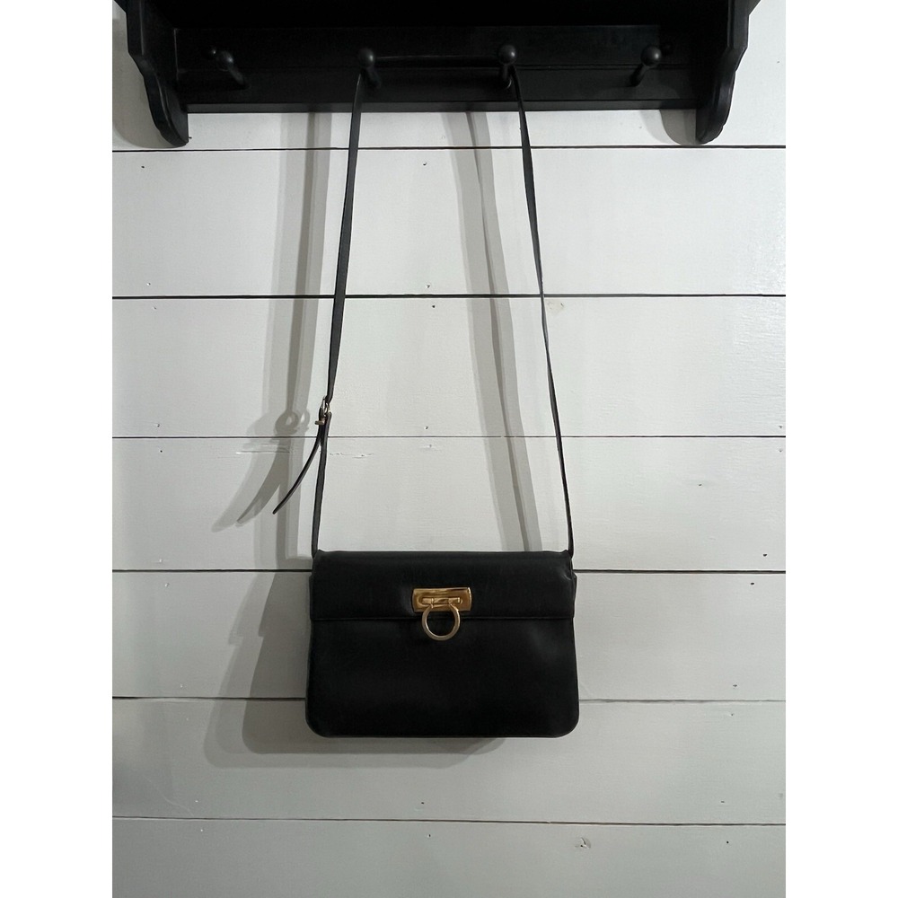 Vintage Salvatore Ferragamo Black Navy Soft Leather Gancini Crossbody Bag